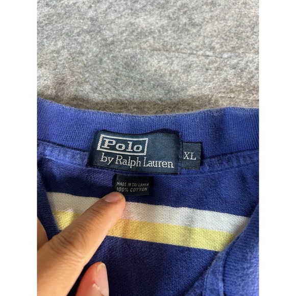 Ralph Lauren Polo Shirt Mens Large Blue White Striped Pony Preppy Cotton XL - Picture 3 of 6